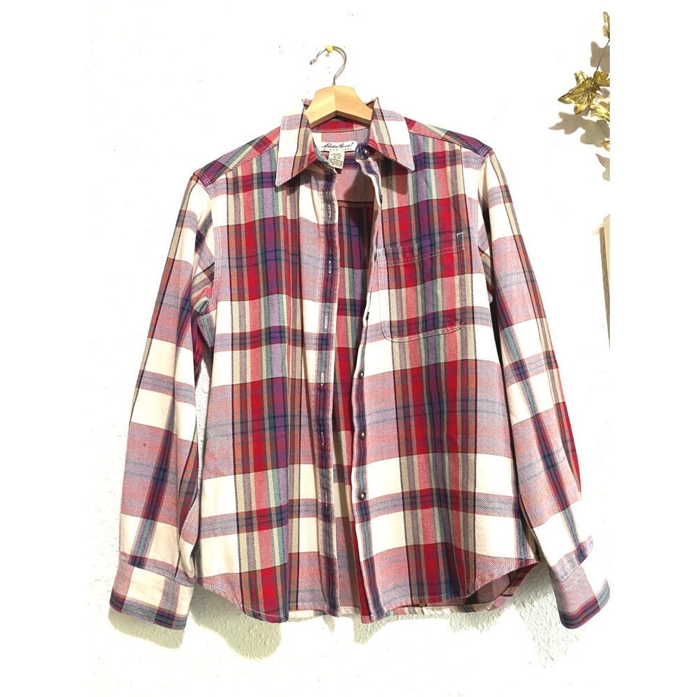 Eddie Bauer Womens Red Purple Plaid Cotton Flannel Button Down Shirt Medium 0948